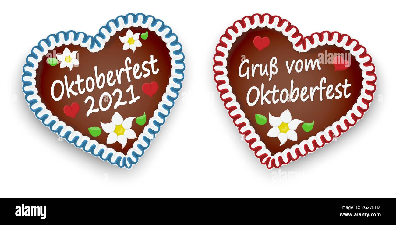 illustrated gingerbread heart with text greetings from Oktoberfest (in german) for Oktoberfest 2021 2022 time Stock Vector