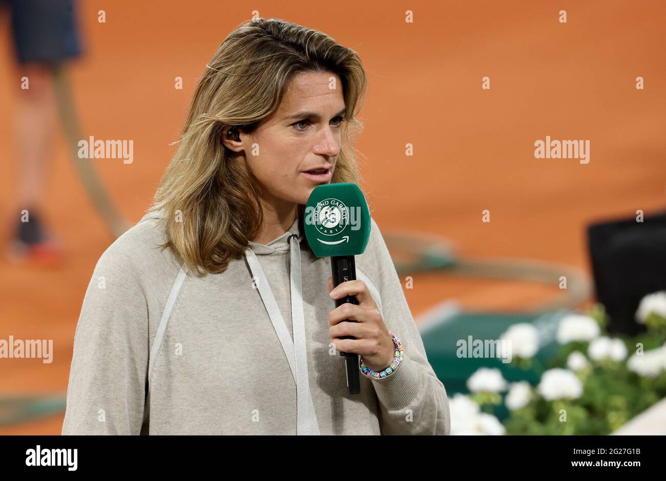 Paris, France, June 8, 2021 Amelie Mauresmo comments for Prime Video Amazon day 10 of the French Open 2021, Grand Slam tennis tournament on June 8, 2021 at Roland-Garros stadium in Paris,