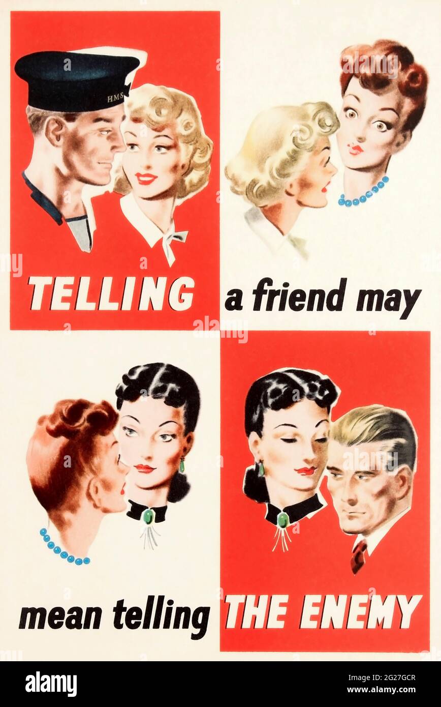 English WW2 propaganda poster showing people spreading gossip. Stock Photo