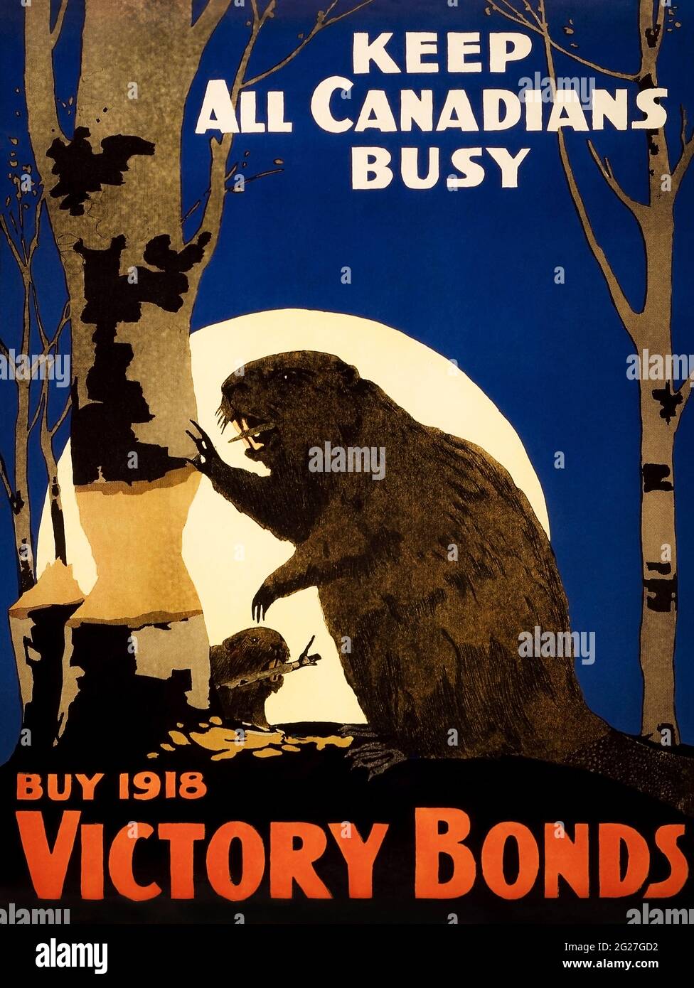 WWI propaganda poster of beavers chewing on a tree with a full moon in the background. Stock Photo