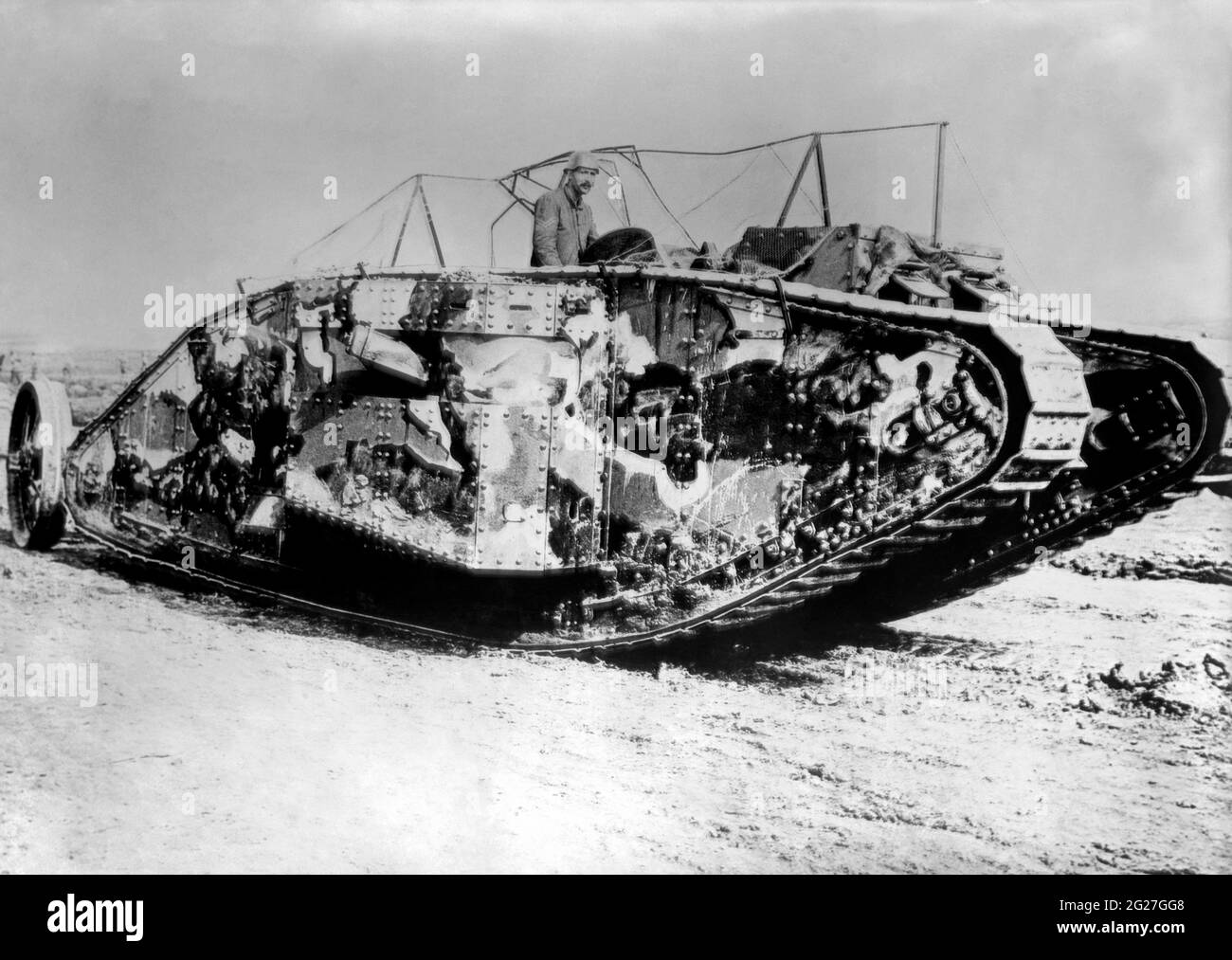 A British Mark I tank at the Battle of Flers-Courcelette during World War I. Stock Photo