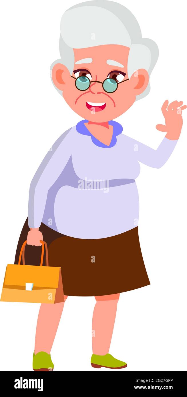 cheerful mature woman greeting friends in mall cartoon vector Stock Vector