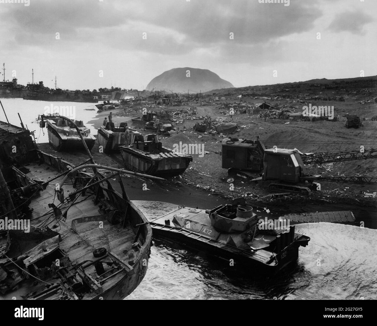 Wreckage on the beach during The Battle of Iwo Jima, World War II. Stock Photo