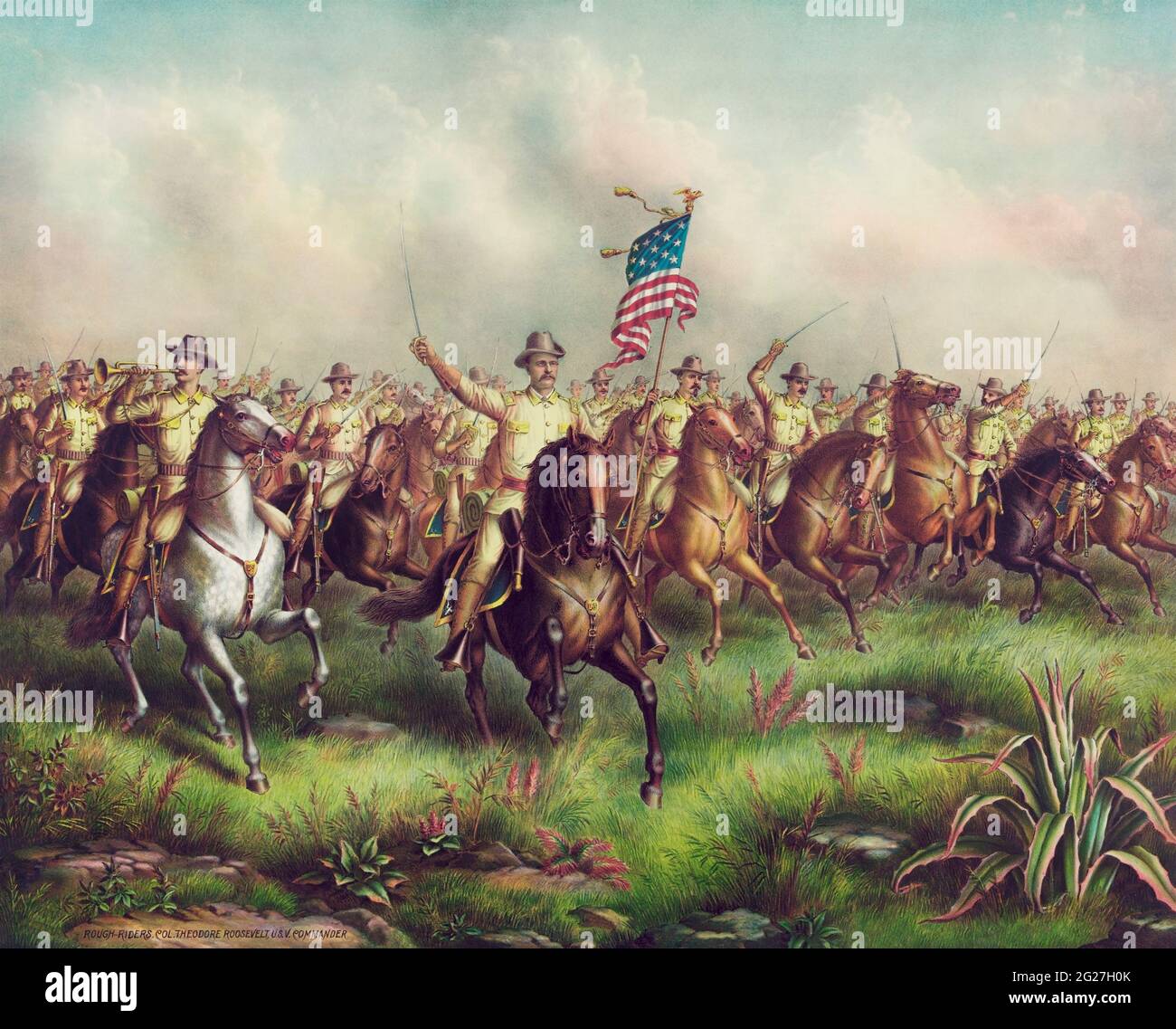 Col. Theodore Roosevelt leading the Rough Riders during the Spanish-American War. Stock Photo