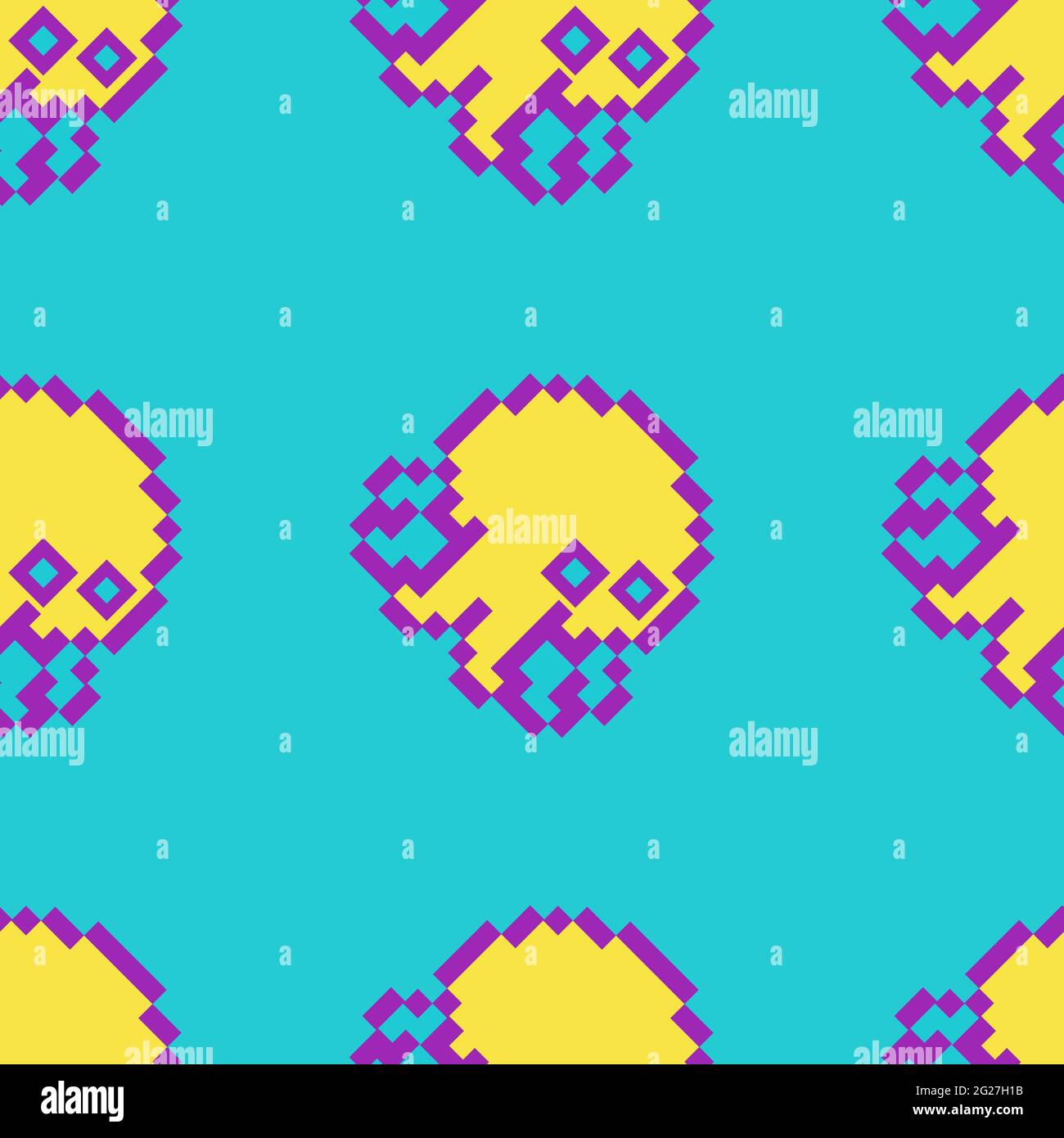 8-bit seamless pattern with jellyfishes. Bright pixel art retro ornament for textile design, stationery, wrapper paper, print Stock Vector