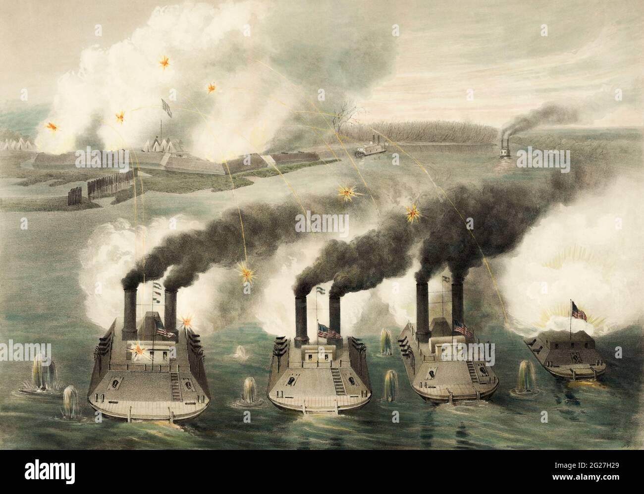 American Civil War print of four Union ironclad ships attacking Fort Henry. Stock Photo