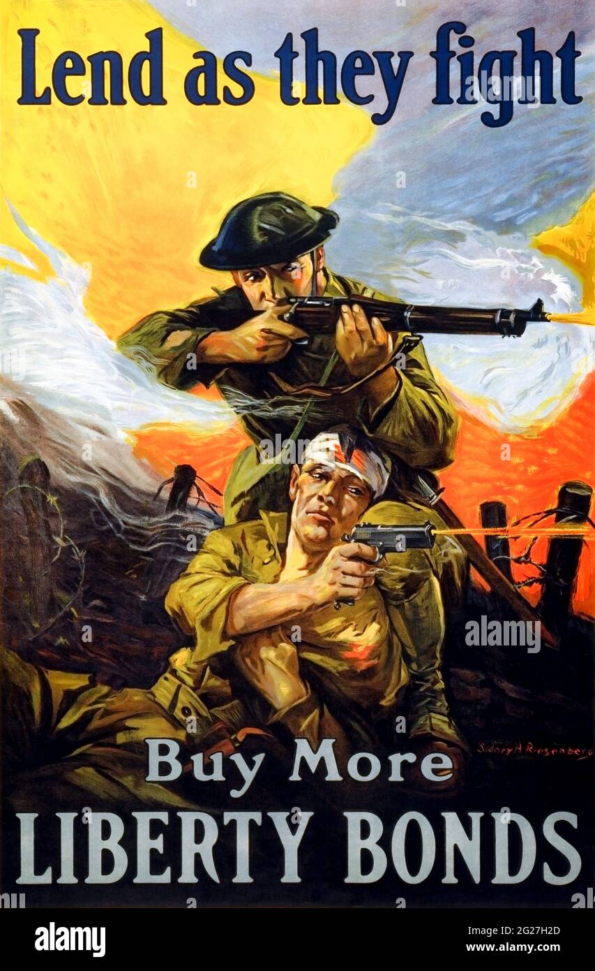 World War I print of soldiers in action, in an attempt to capitalize on the people's patriotism. Stock Photo