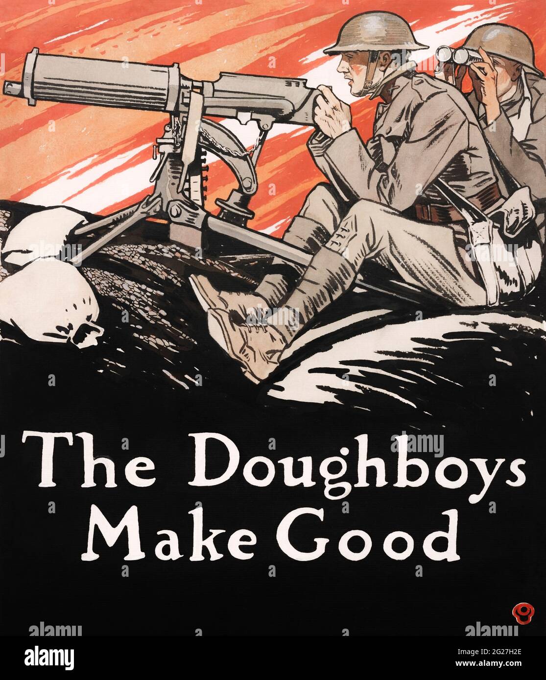 U.S. military history print of American soldiers on a stakeout with caption, The Doughboys Make Good. Stock Photo