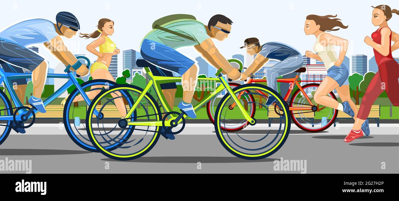 The girls are running. Guys ride bicycles. Urban sports. Fitness and healthy lifestyle. Flat cartoon style. Women runners and men cyclists. In the cit Stock Vector