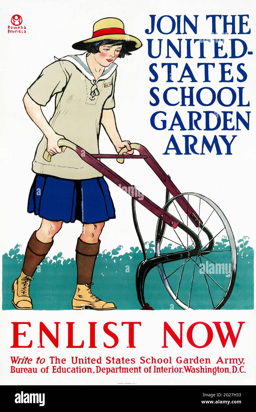 Vintage military poster encouraging people to join the United States School Garden Army. Stock Photo