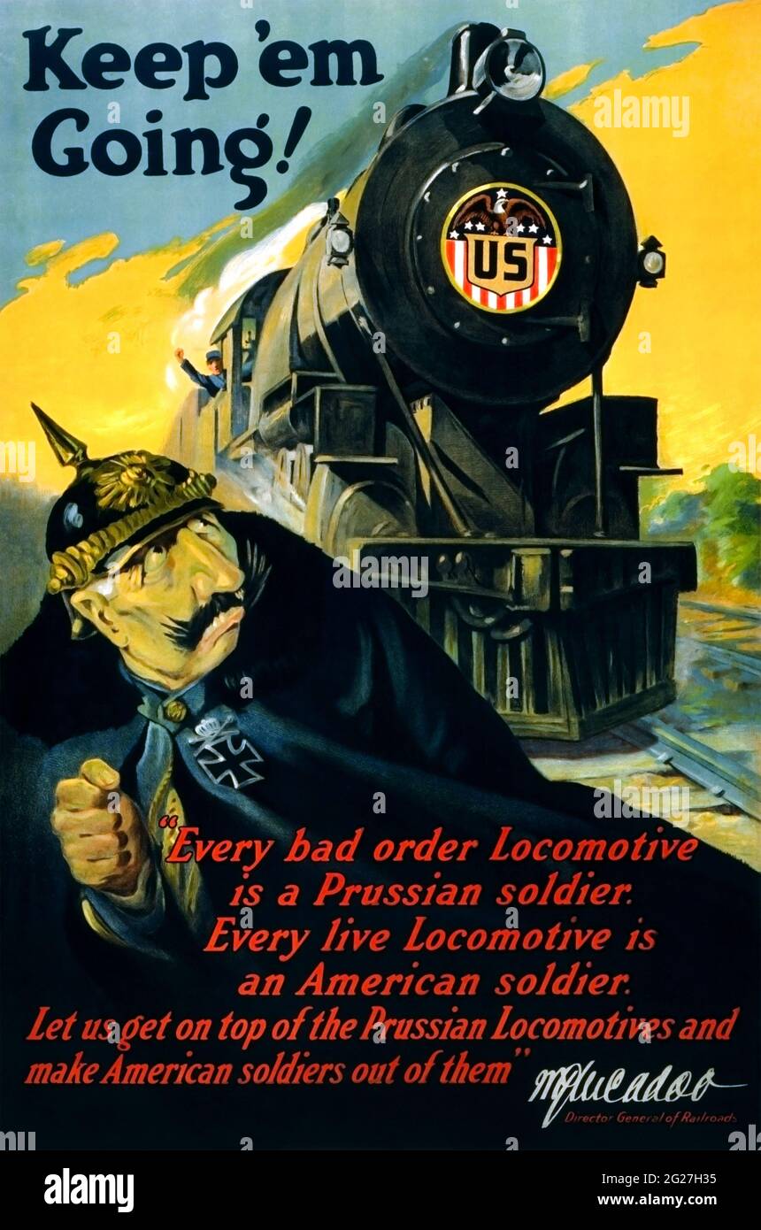 20th century print of a German soldier fleeing from a locomotive bearing the U.S. insignia. Stock Photo