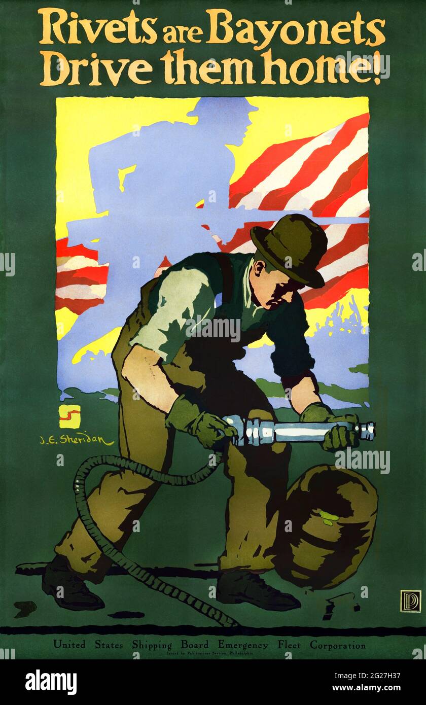 World War I era U.S. military print of a man operating a rivet gun. Stock Photo