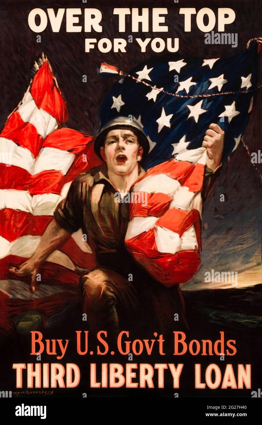 Propaganda print to buy U.S. Gov't Bonds featuring a U.S. soldier clutching an American flag. Stock Photo