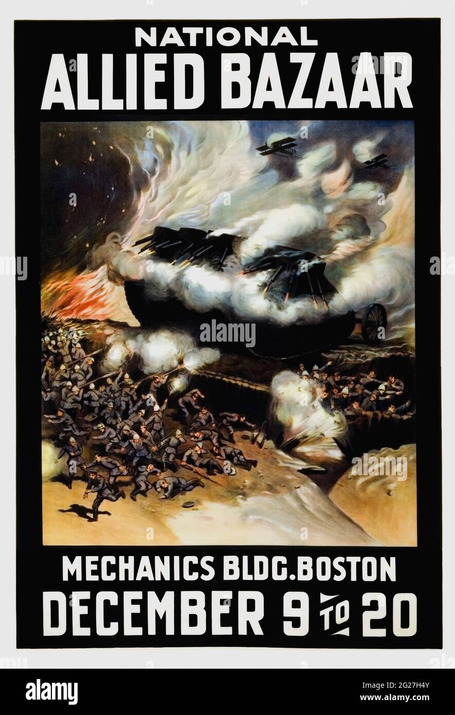 World War 1 artwork showing a battle scene of tanks, airplanes and trenches. Stock Photo