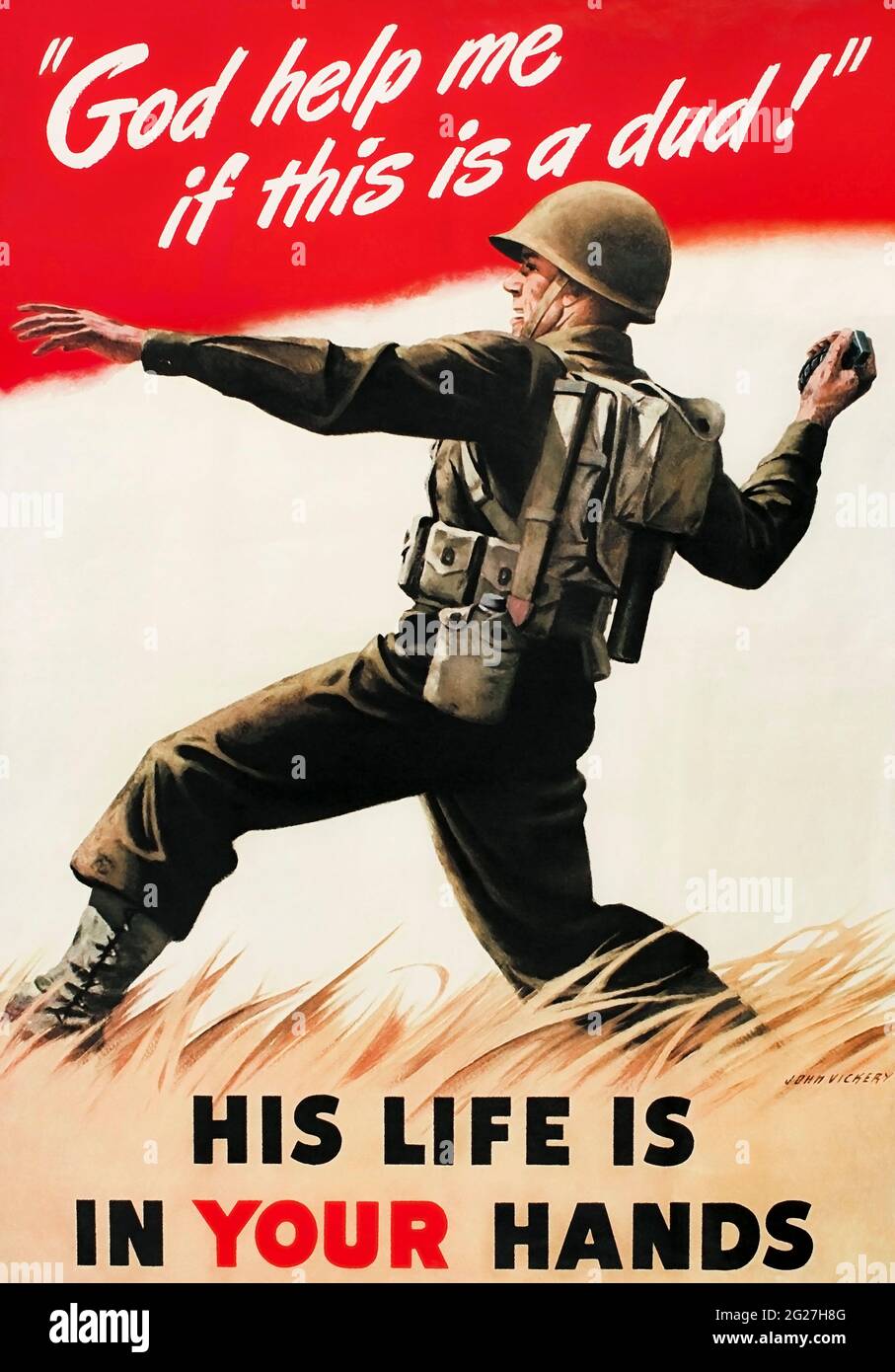 Vintage war poster of an American soldier tossing a grenade at the enemy. Stock Photo