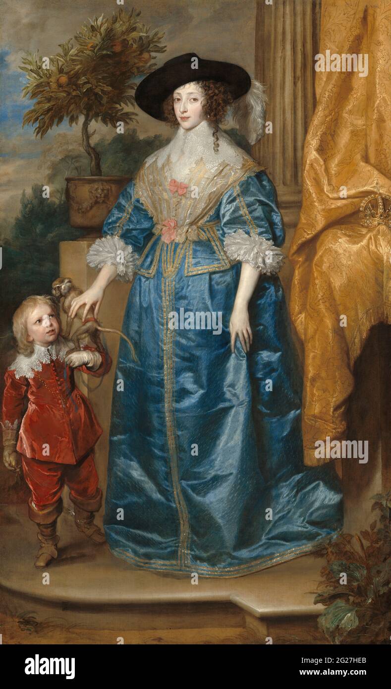 Painting of Queen Henrietta Maria of France with Sir Jeffrey Hudson, a dwarf. Stock Photo