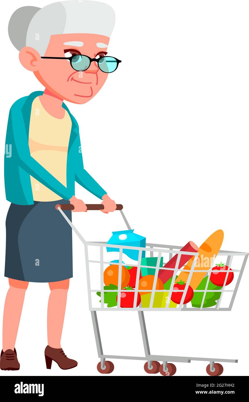 elderly lady go grocery shopping with cart cartoon vector Stock Vector