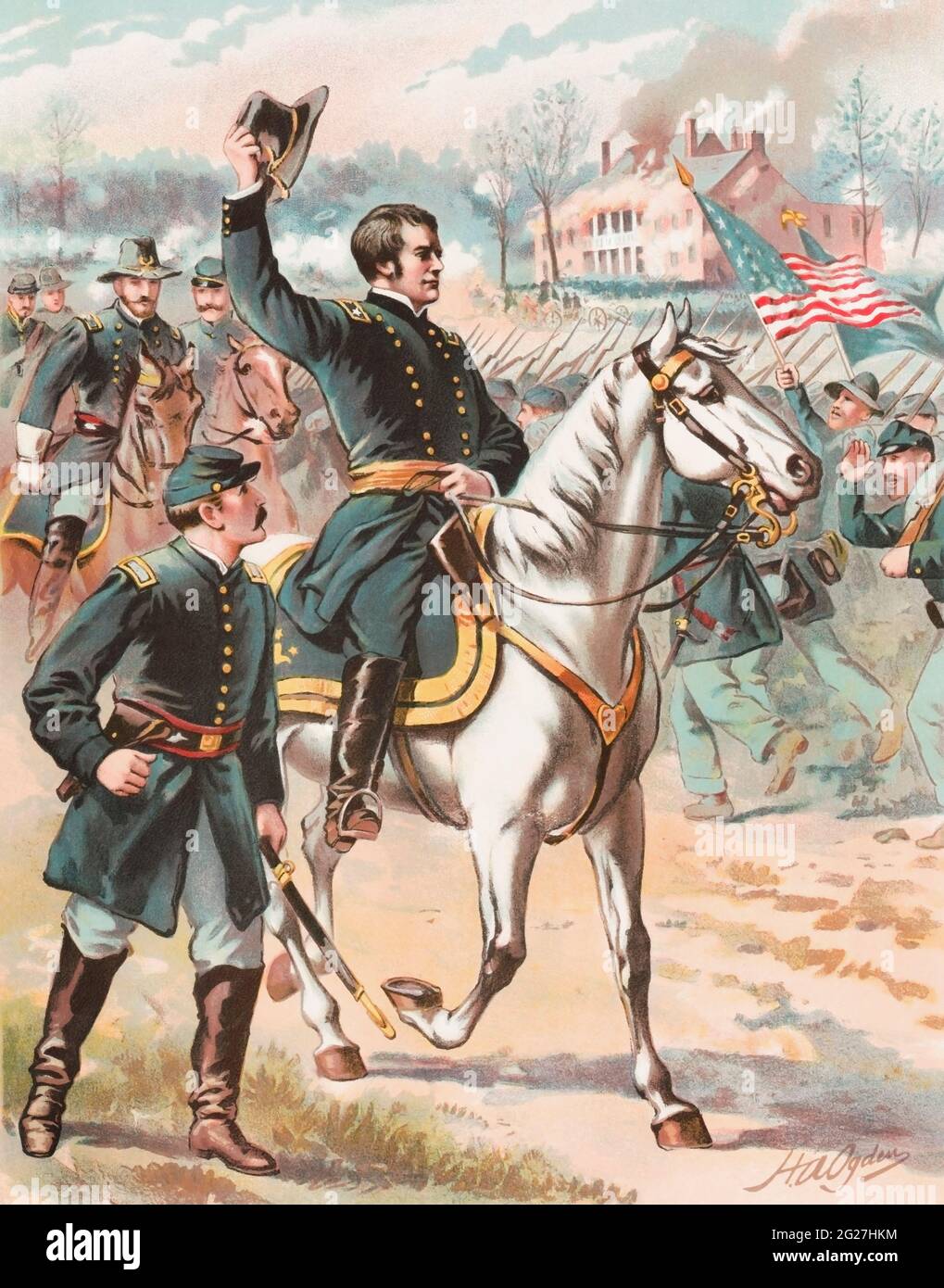 General Joseph Hooker riding on a horse and waving at his troops. Stock Photo