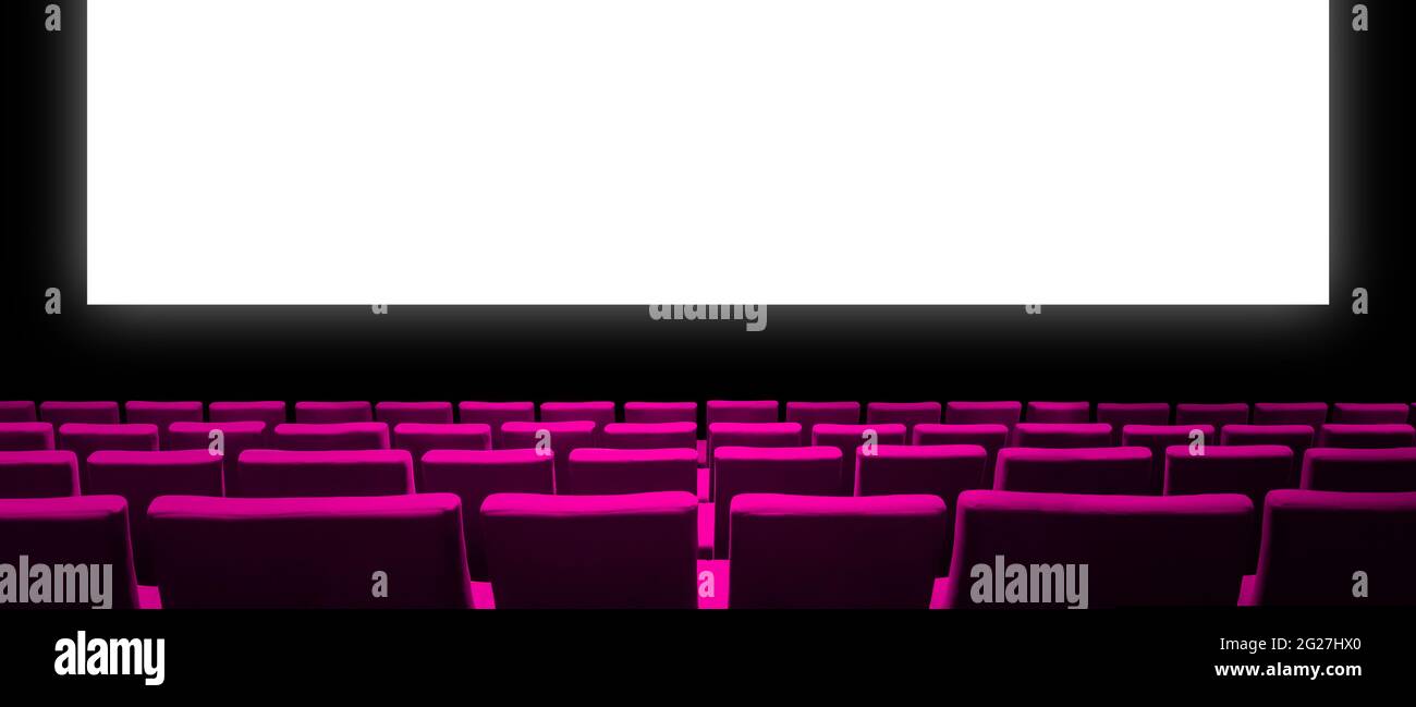 Cinema movie theatre with pink velvet seats and a blank white screen ...