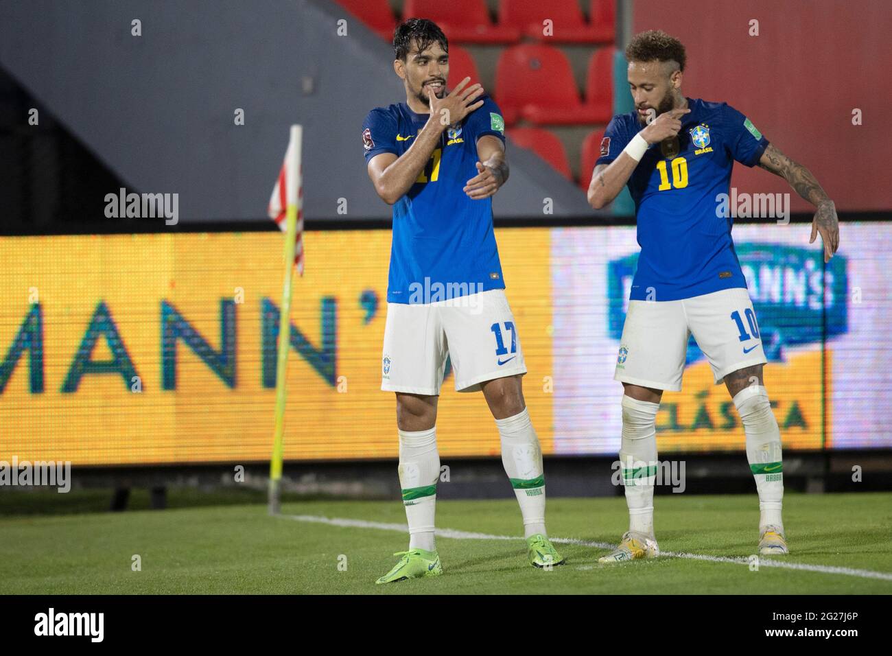 Asuncion, Paraguay. 08th June 2021; Defensores del Chaco Stadium, Asuncion, Paraguay; World Cup football 2022 qualifiers; Paraguay versus Brazil; Lucas Paquetá of Brazil celebrates his goal with Neymar in the 93rd minute 0-2 Credit: Action Plus Sports Images/Alamy Live News Stock Photo