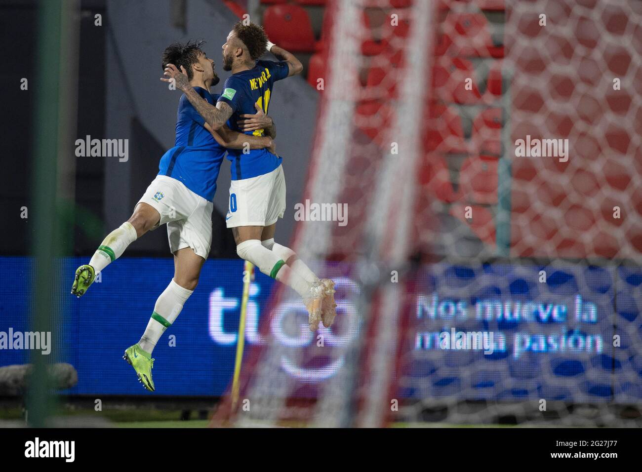 Asuncion, Paraguay. 08th June 2021; Defensores del Chaco Stadium, Asuncion, Paraguay; World Cup football 2022 qualifiers; Paraguay versus Brazil; Lucas Paquetá of Brazil celebrates his goal with Neymar in the 93rd minute 0-2 Credit: Action Plus Sports Images/Alamy Live News Stock Photo