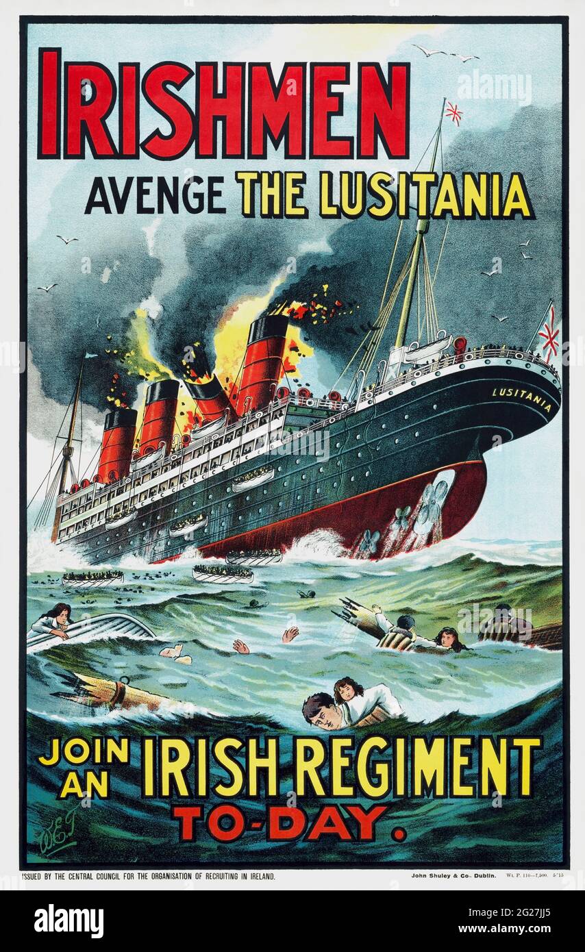 The sinking of RMS Lusitania with the ship in flames. Lusitania was hit in 1915 by a German U-boat. Stock Photo