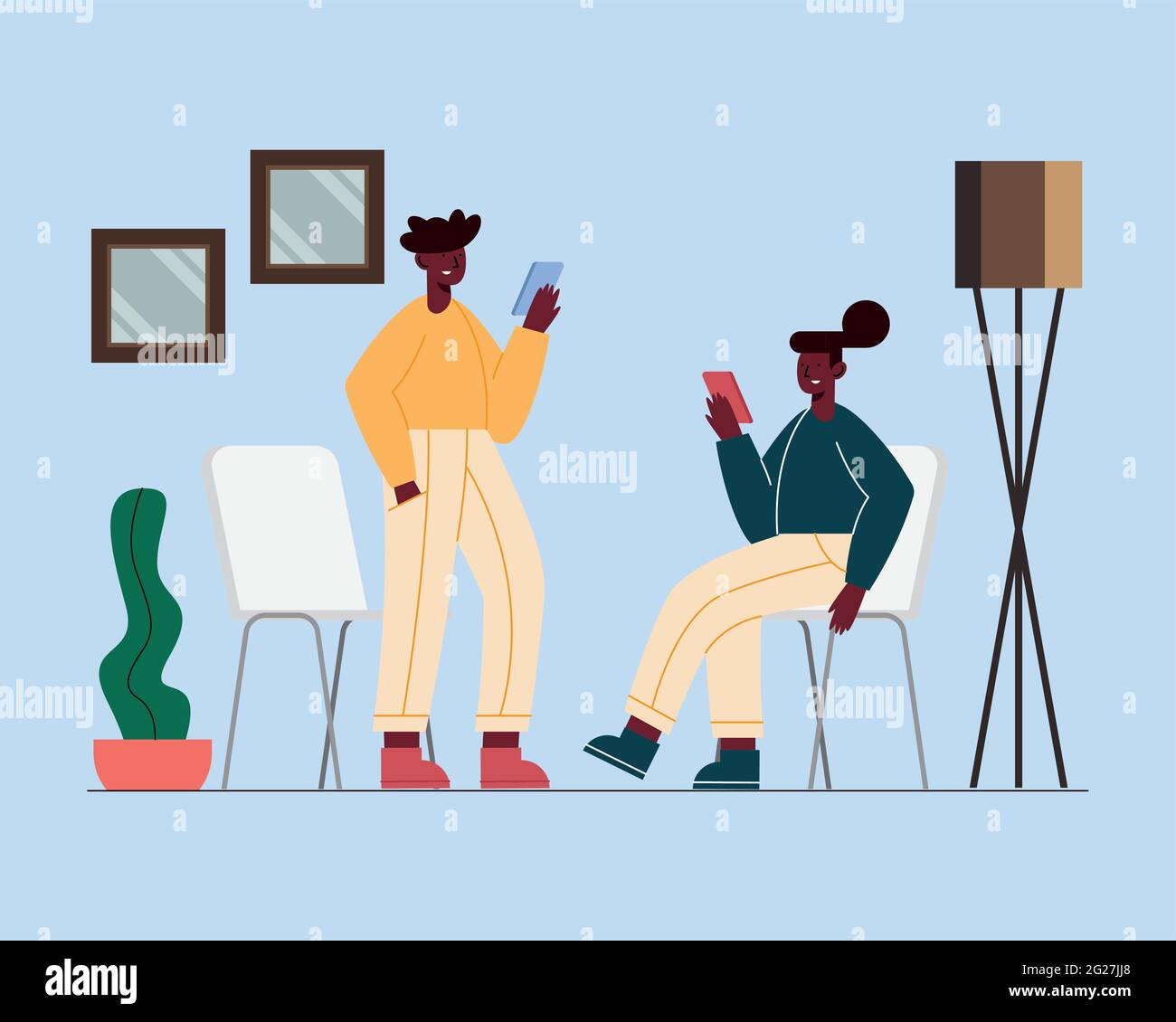 afro couple using mobile devices Stock Vector