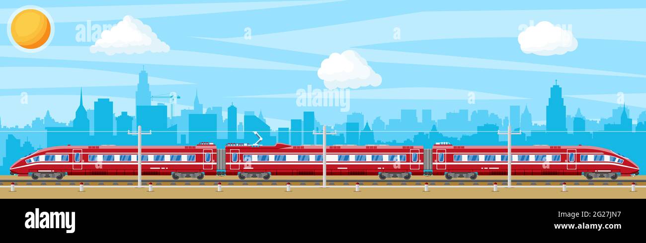 High Speed Train and Landscape With Cityscape. Stock Vector