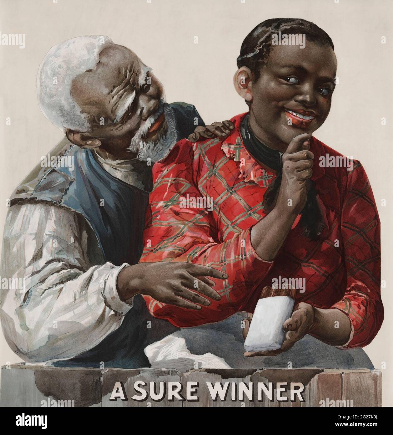 Advertisement of an African-American couple wherein the woman is offering the man a cigar. Stock Photo