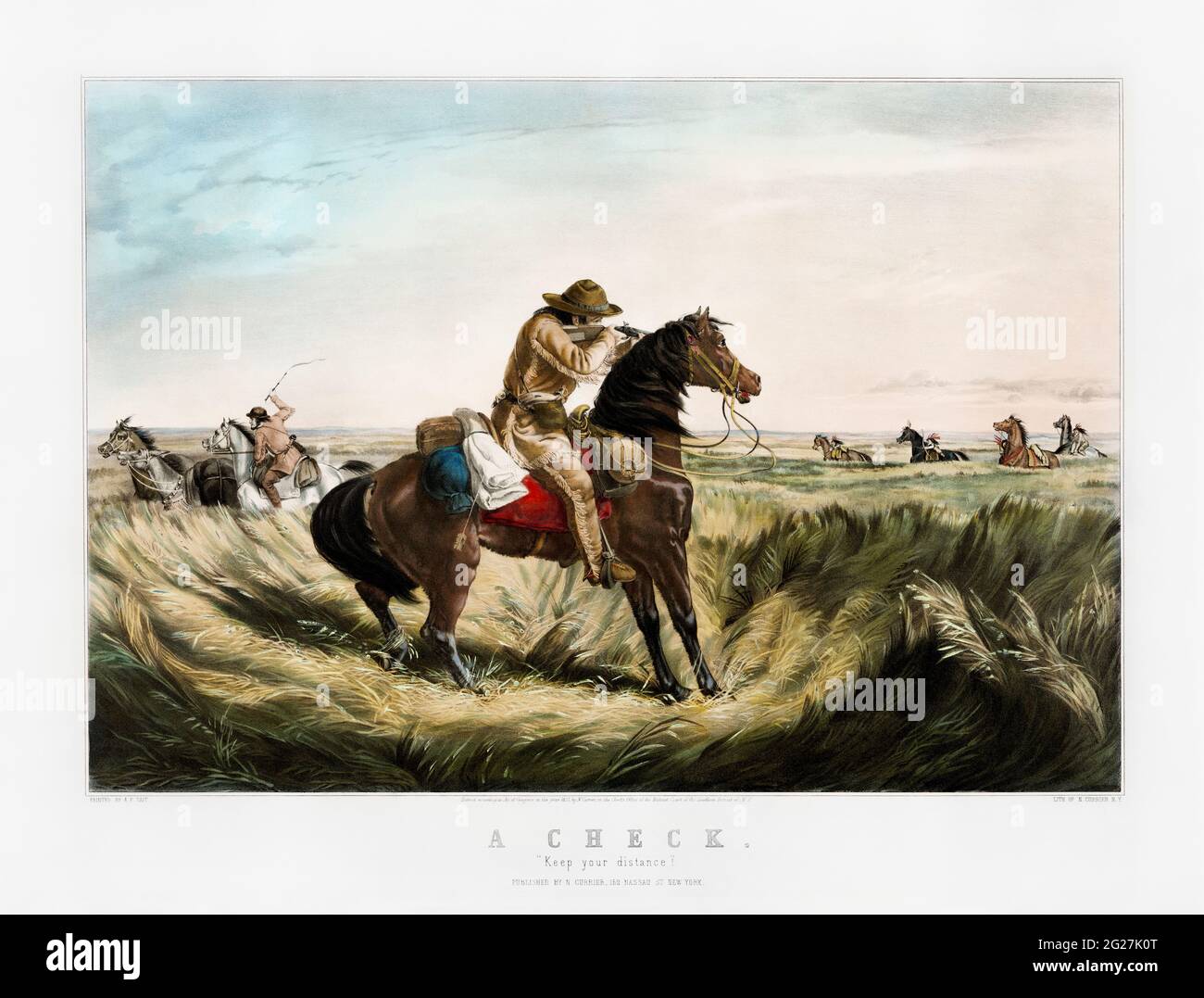 A trapper on horseback and wearing buckskin aiming his rifle at the Indians. Stock Photo