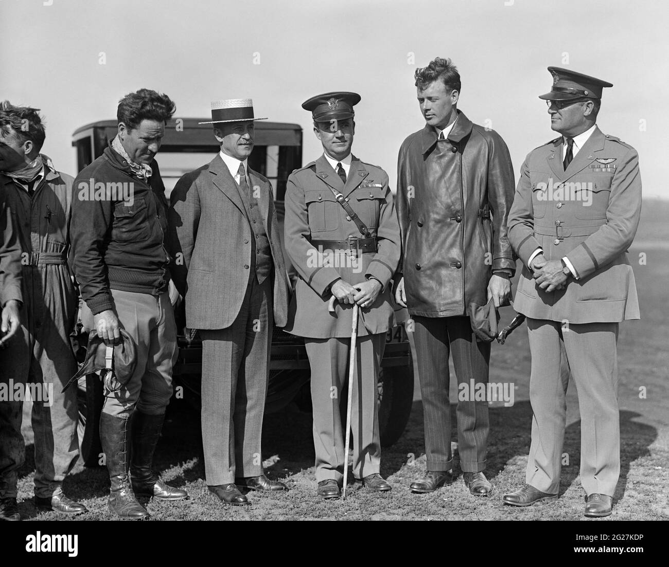 June 22, 1927 - Orville Wright along with John F. Curry, and Charles Lindbergh, paying a visit to Wright Field at Dayton, Ohio. The Wright Field was s Stock Photo