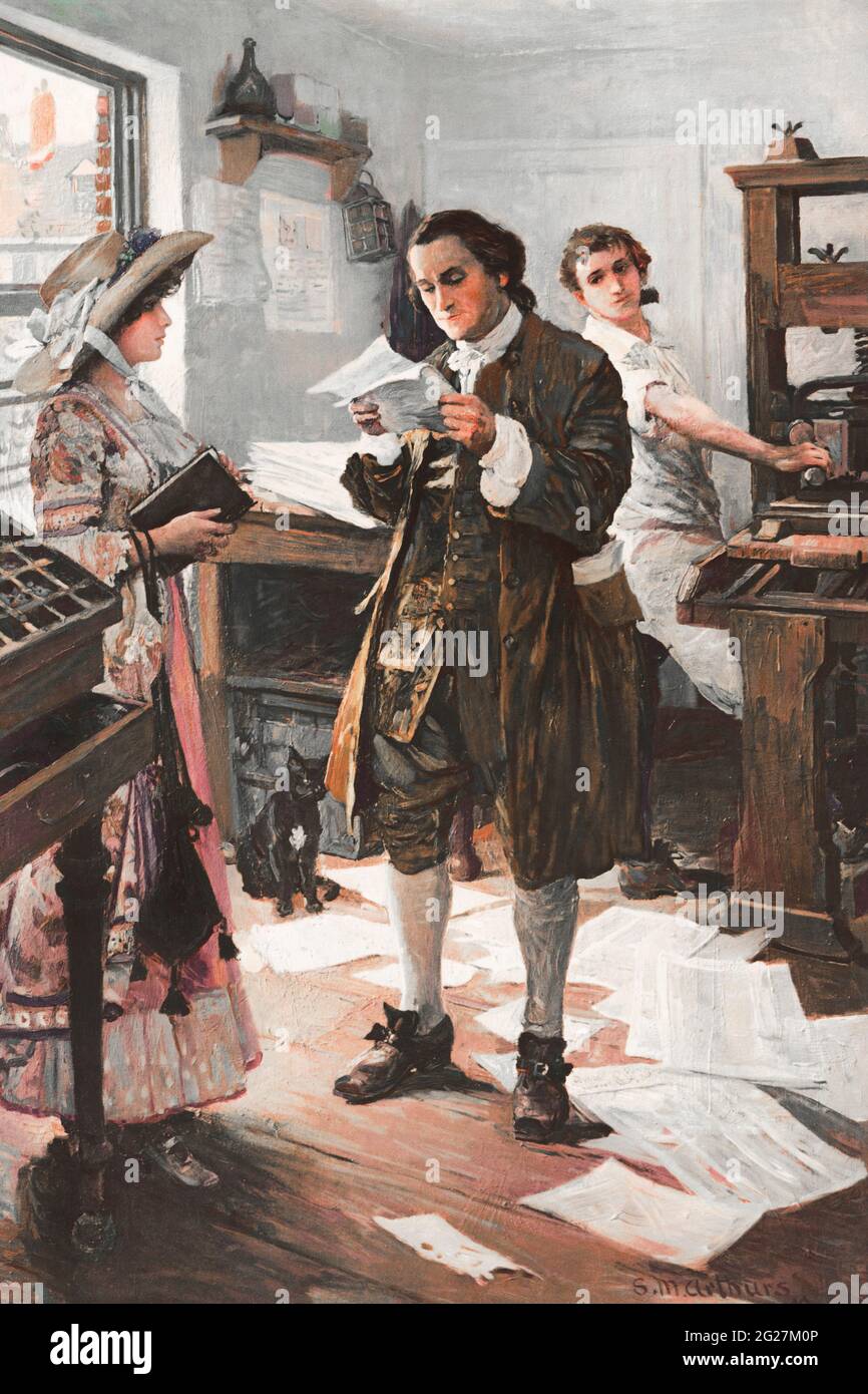 Benjamin Franklin in his Philadephia printing shop. Stock Photo