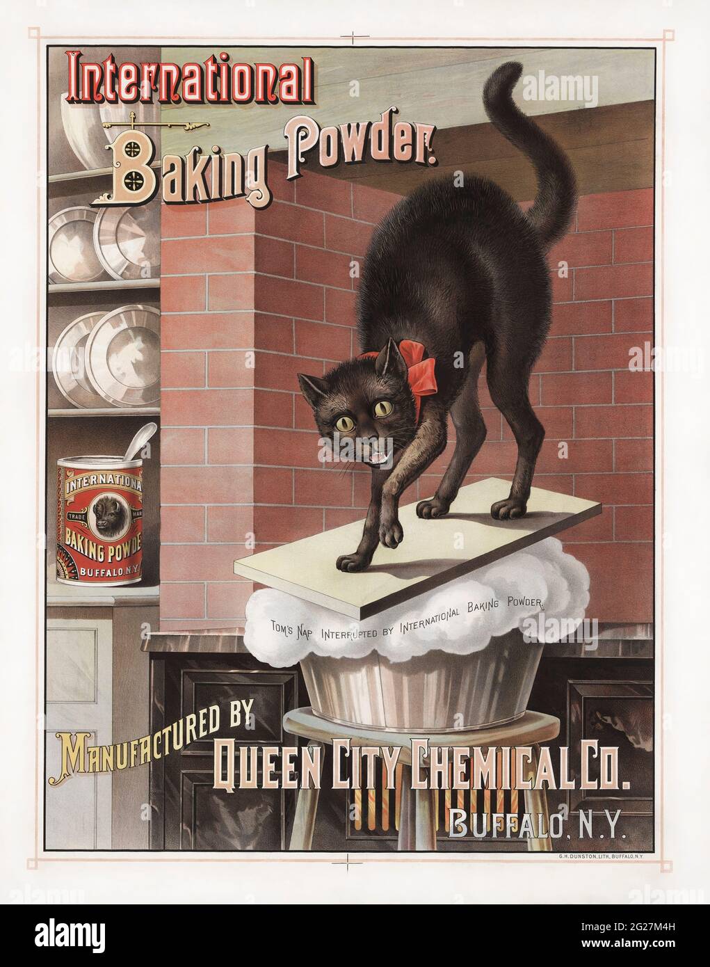 Advertisement for International Brand Baking Powder, showing a cat awakened by bread rising. Stock Photo