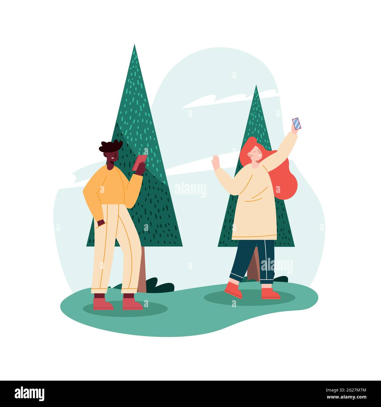 interracial couple using mobile devices Stock Vector