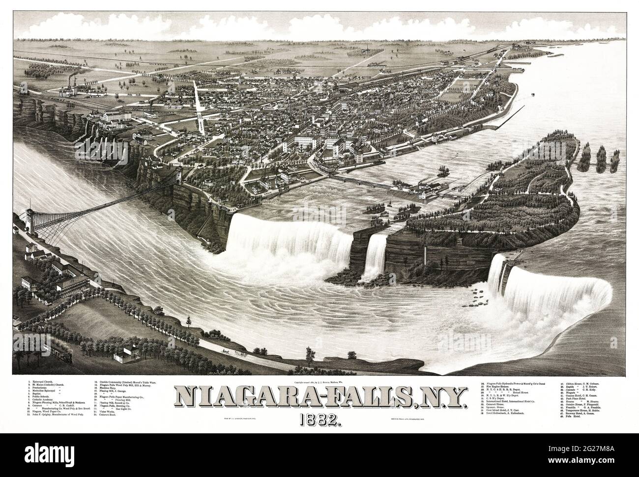 Bird's eye view of Niagara Falls as it appeared in 1882. Stock Photo