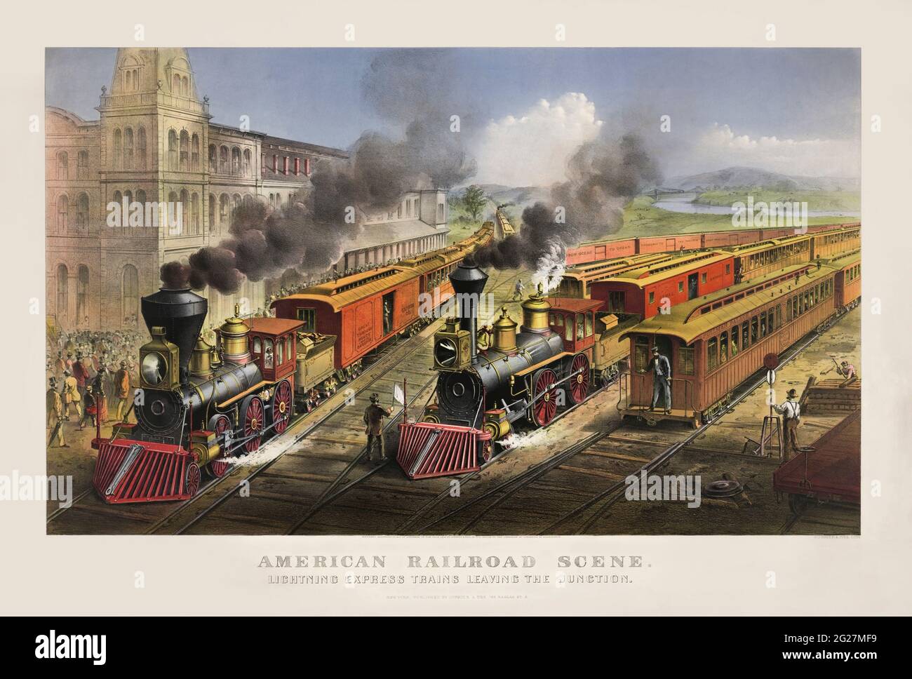 19th century print showing lightning express trains leaving the