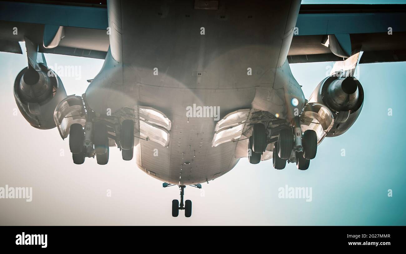 Closeup of the landing gear on a Royal Air Force C17 Globemaster as