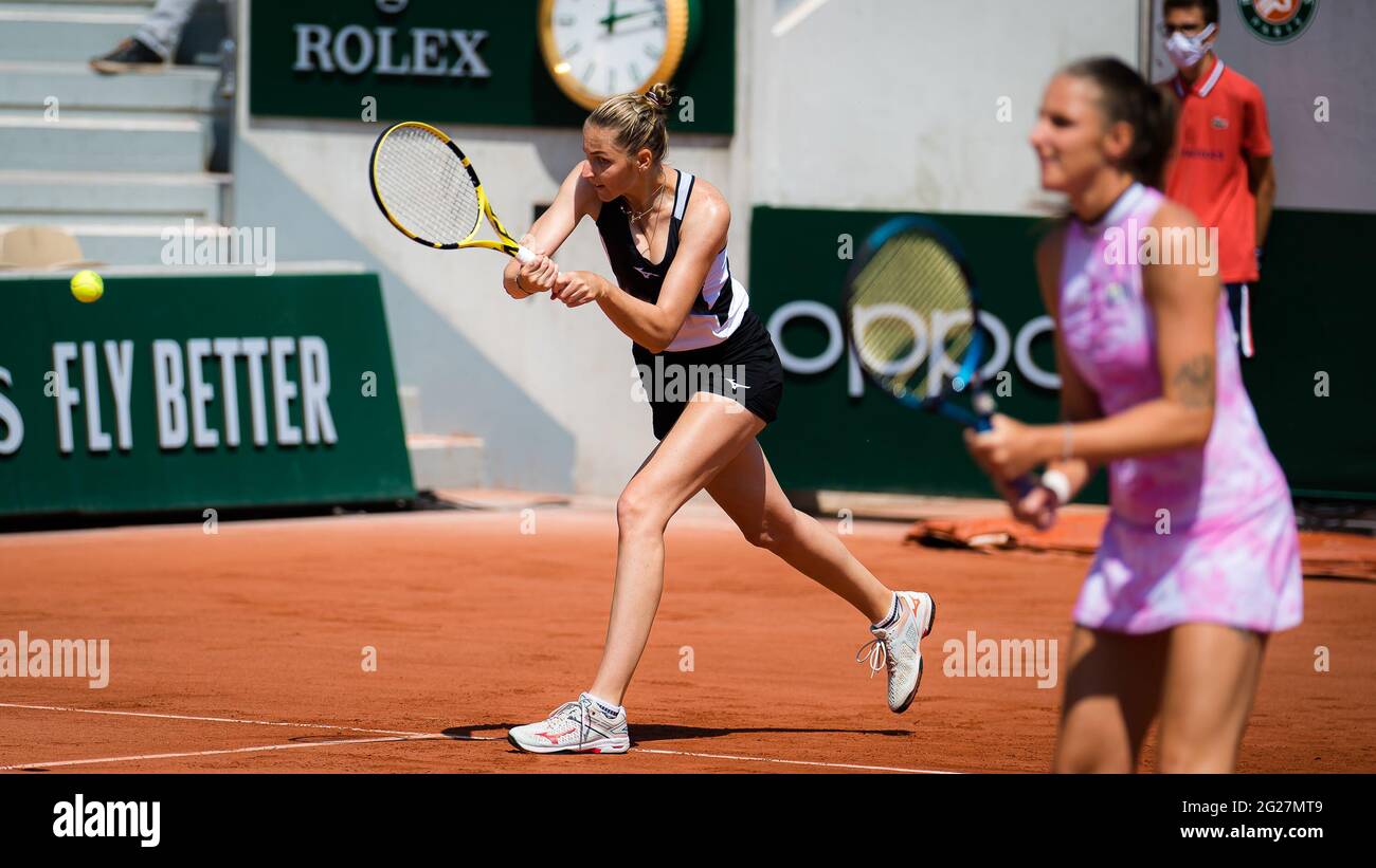 Paris, France, June 8, 2021 Karolina Pliskova and Kristyna Pliskova of the  Czech Republic playing doubles at the Roland-Garros 2021, Grand Slam tennis  tournament on June 8, 2021 at Roland-Garros stadium in