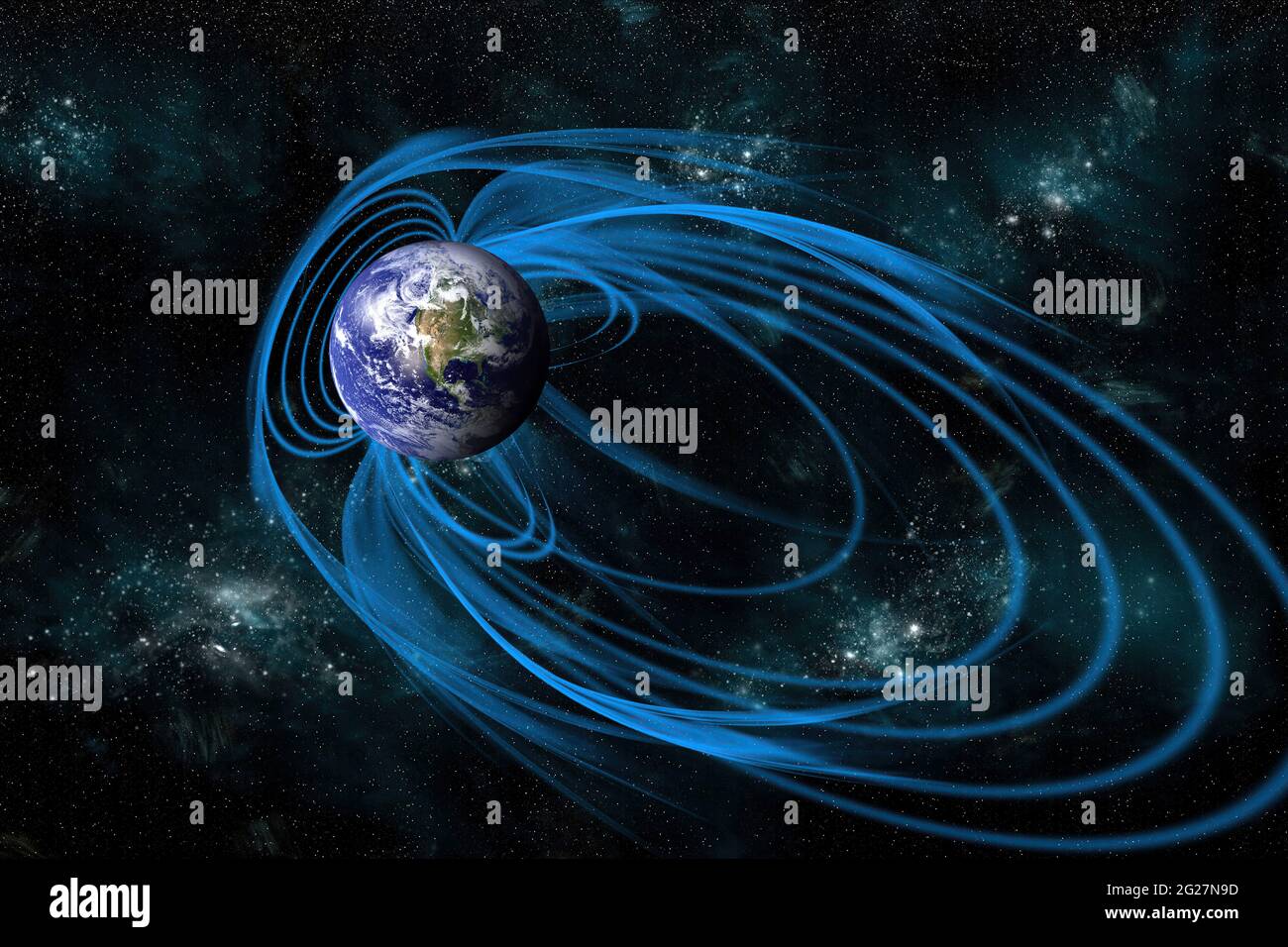 An artist's depiction of the magnetic lines of force surrounding Earth. Stock Photo
