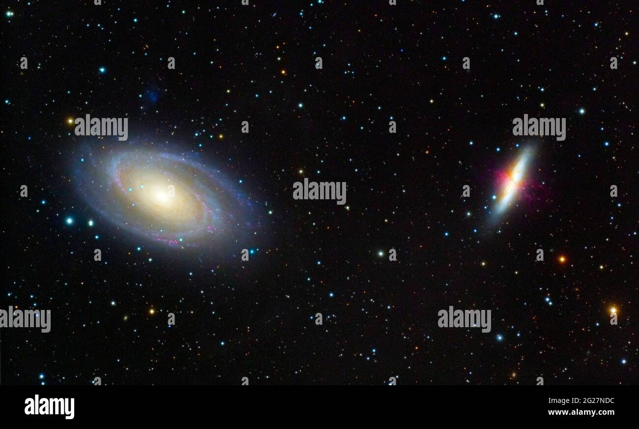 Messier 81, Bode's Galaxy (left) and Messier 82, The Cigar Galaxy (right). Stock Photo