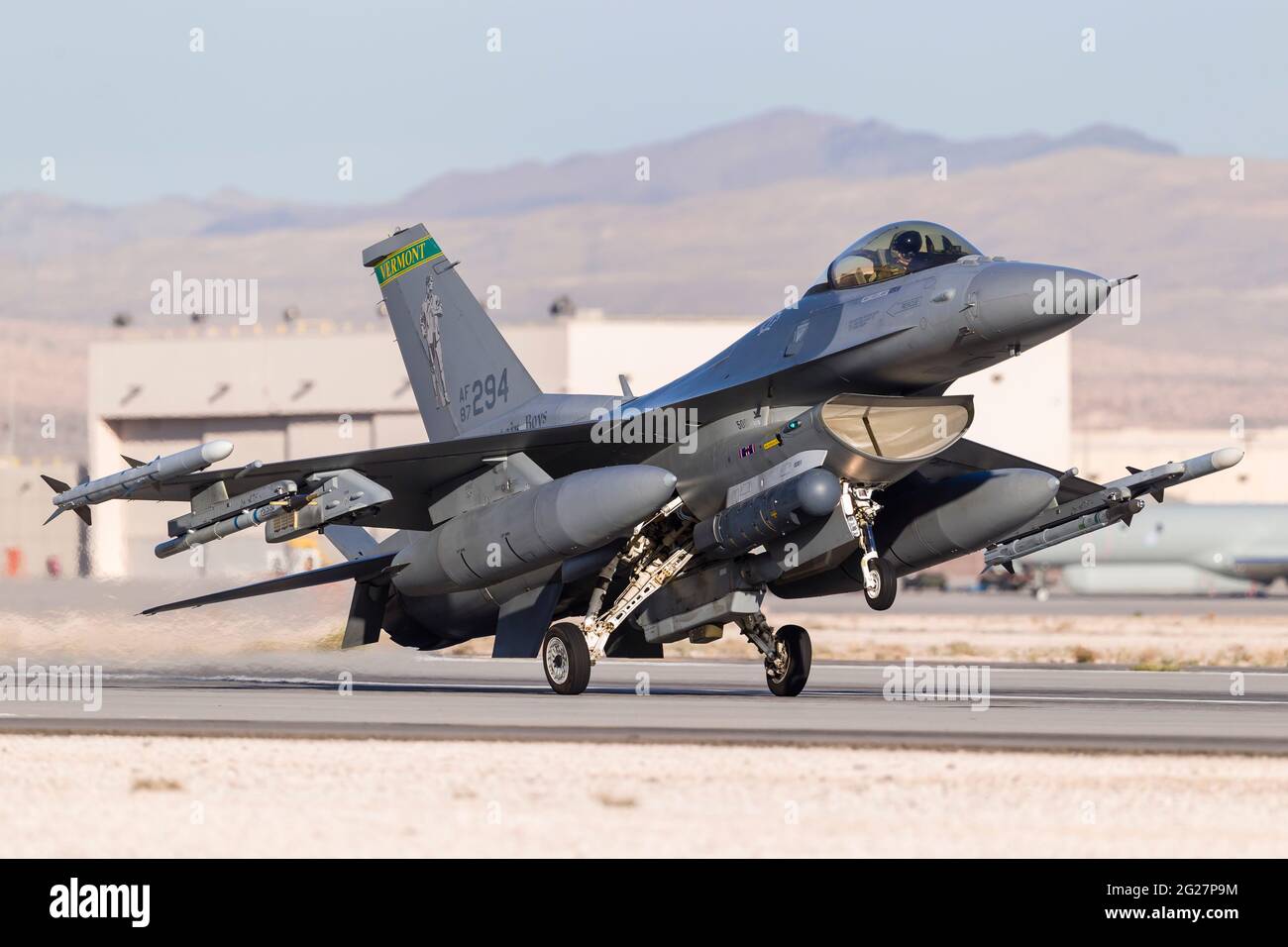 A Vermont Air National Guard F-16C aerobrakes after landing. Stock Photo