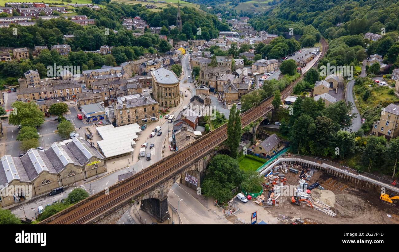 Todmorden West Yorkshire Lancashire Boarder Town Photo Set Including Viaduct Collage Cricket Club Central Park Canal New Aldi Site Trains Stock Photo