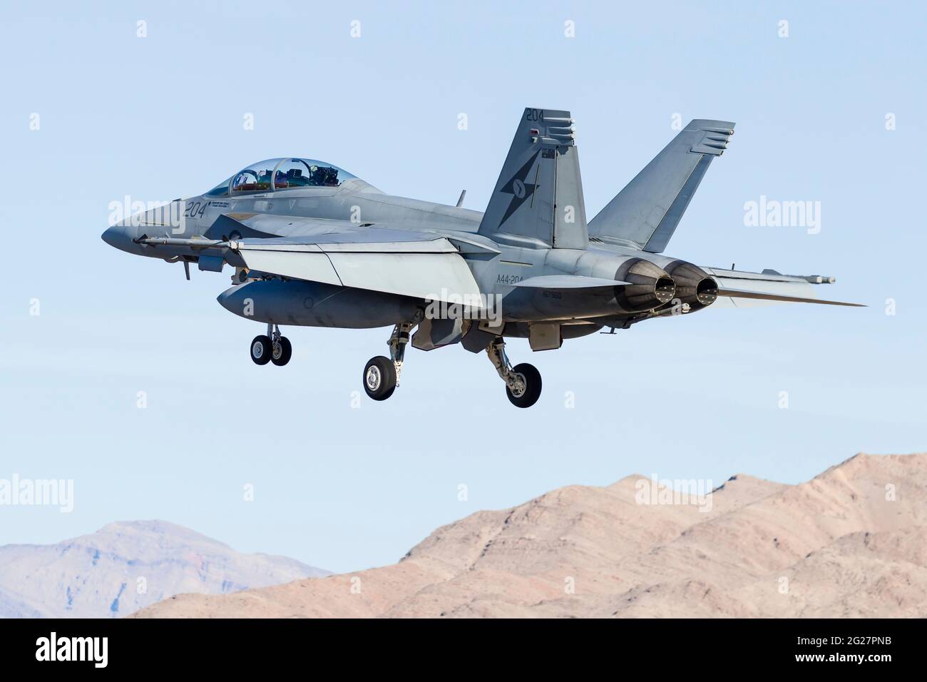 A Royal Australian Air Force F/A-18F Super Hornet prepares for landing. Stock Photo