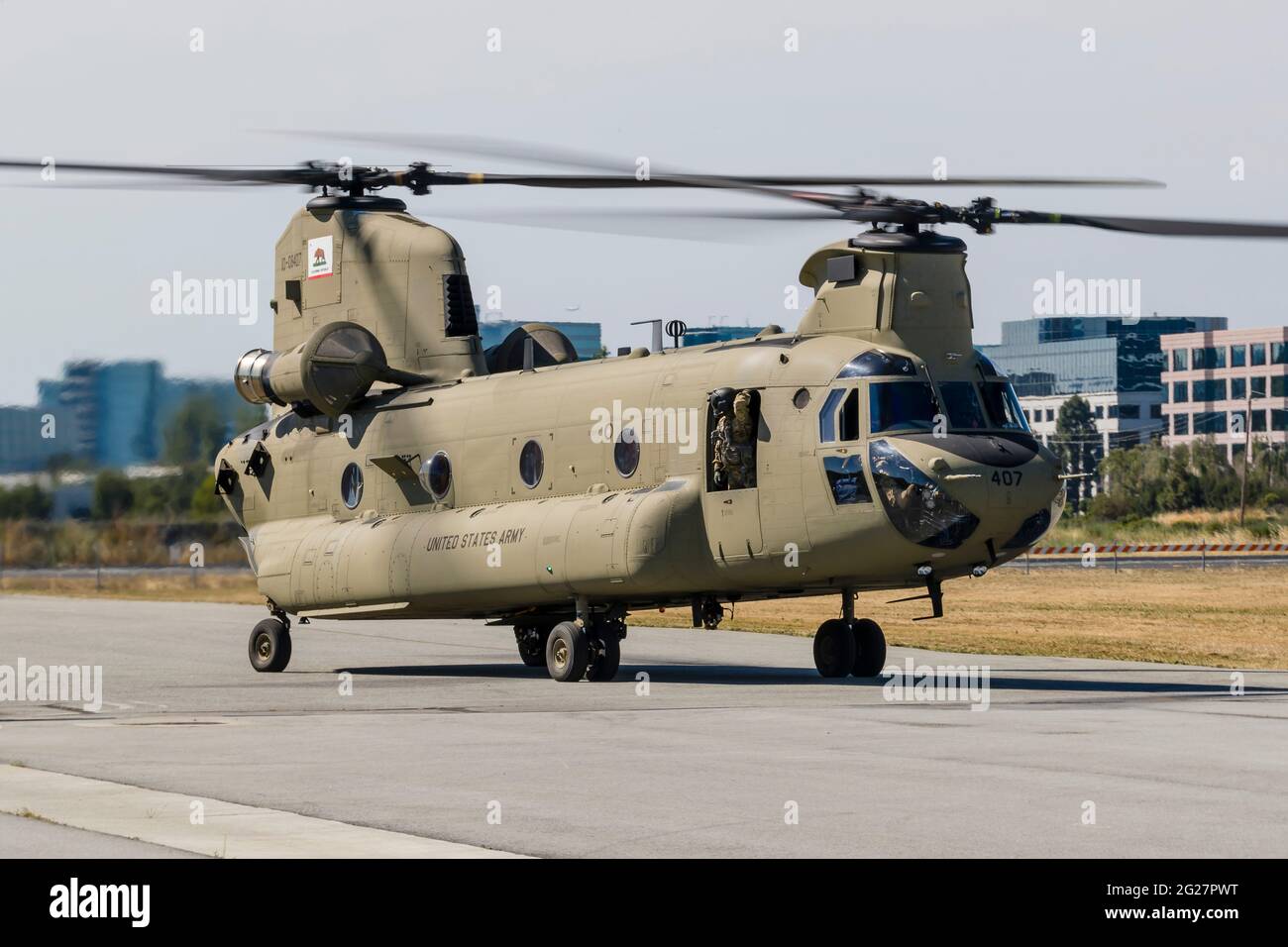 A U.S. Army CH-47F Chinook taxis out for departure. Stock Photo