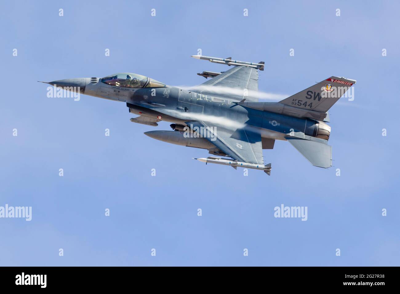 A U.S. Air Force F-16CJ Fighting Falcon flexes on departure. Stock Photo