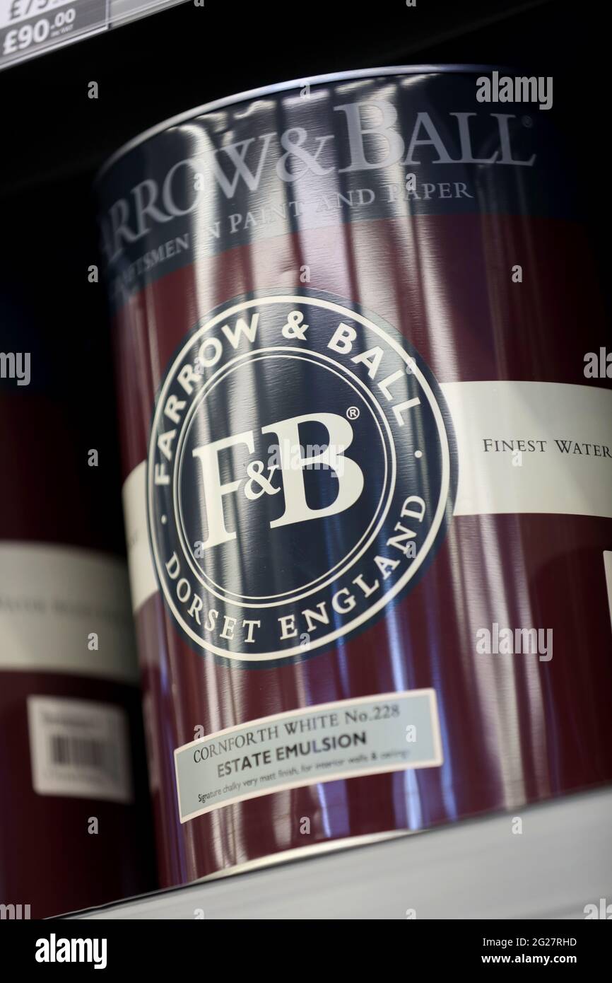 Farrow and Ball paint pictured on a shelf in a shop in London, UK. Stock Photo