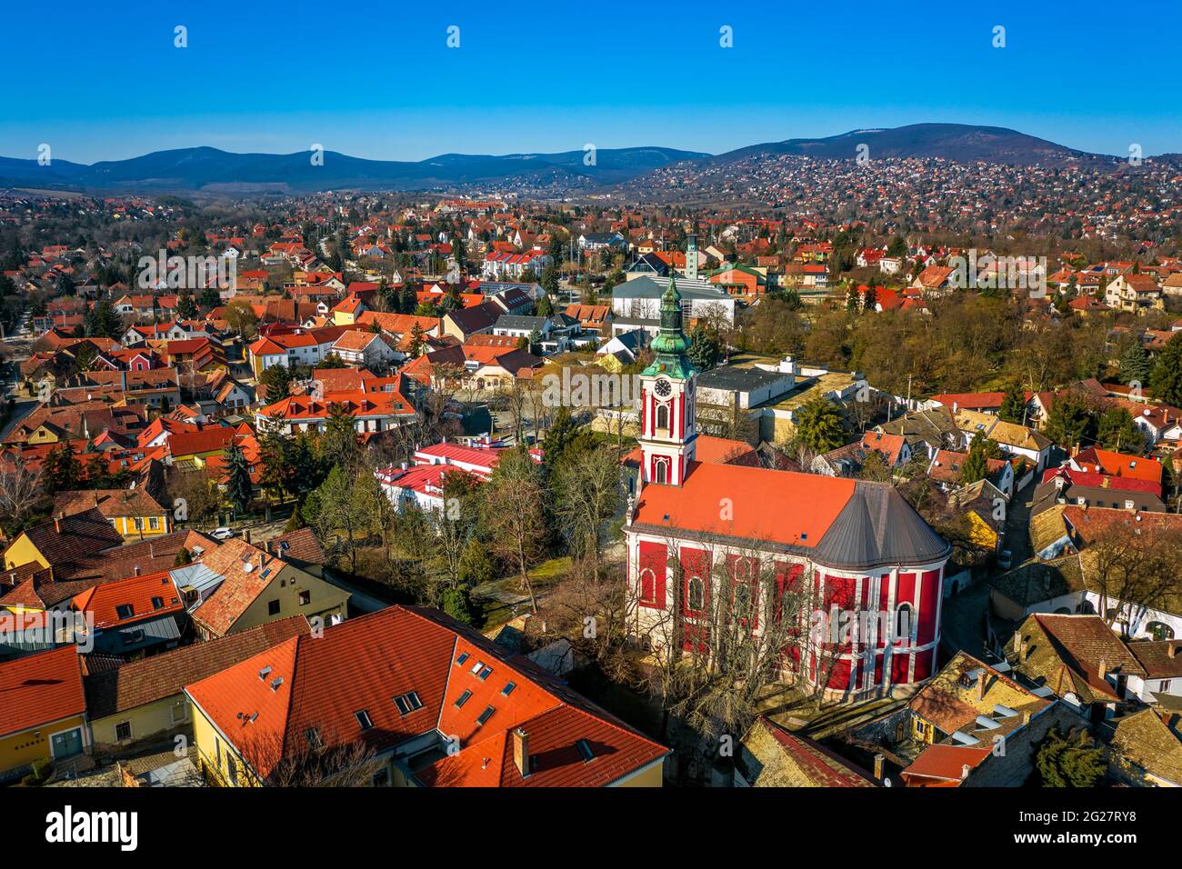 Szentendre, hungary - Aerial view of the city of Szentendre on a bright sunny day with Belgrade Serbian Orthodox Cathedral with clear blue sky Stock Photo