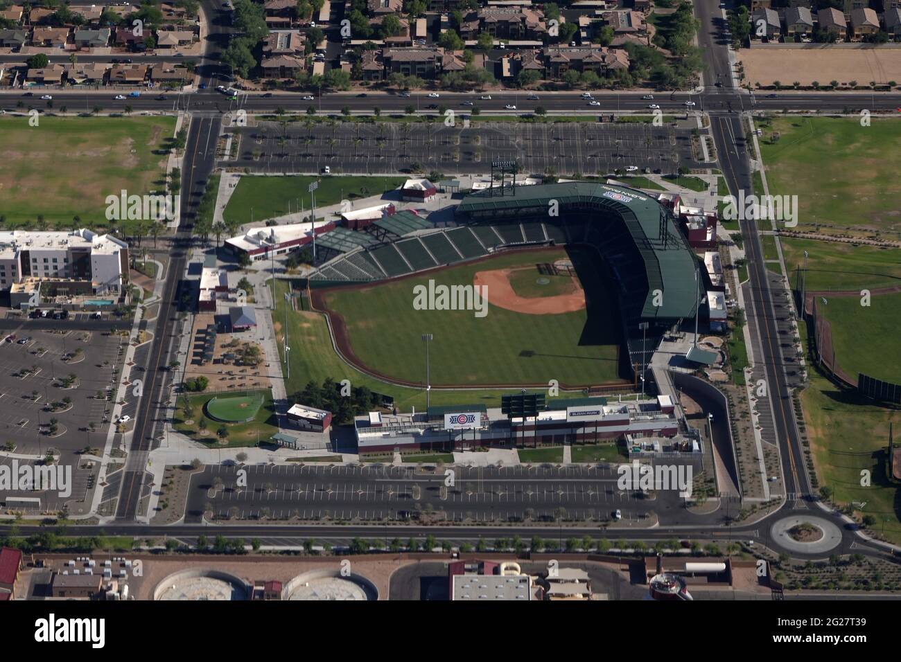 An aerial view of Sloan Park, Tuesday, June 8, 2021, in Mesa, Ariz. The