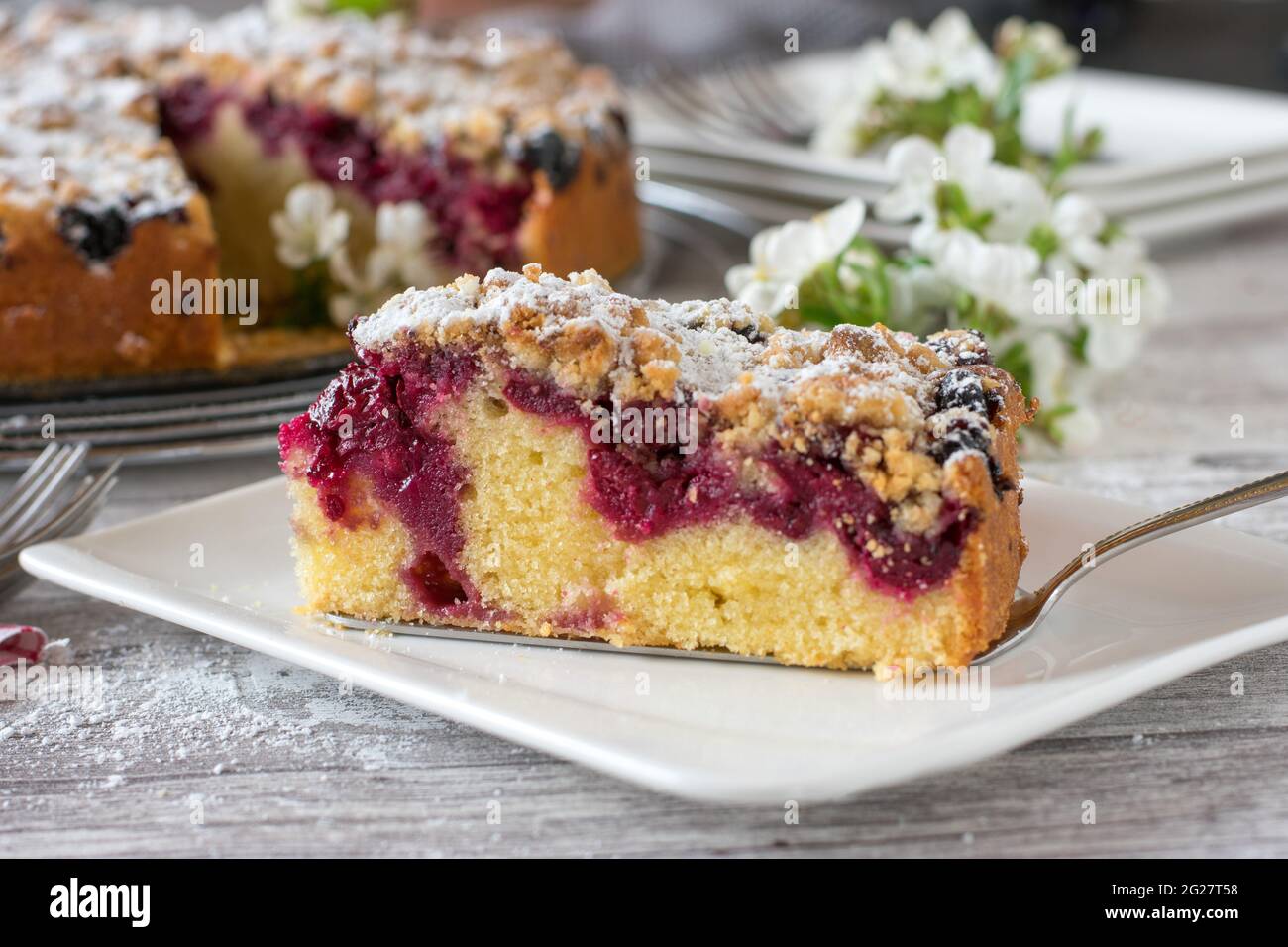 A piece of rustic cherry cake with crumbles served on a plate. Closeup view with whole cake in the background. Stock Photo