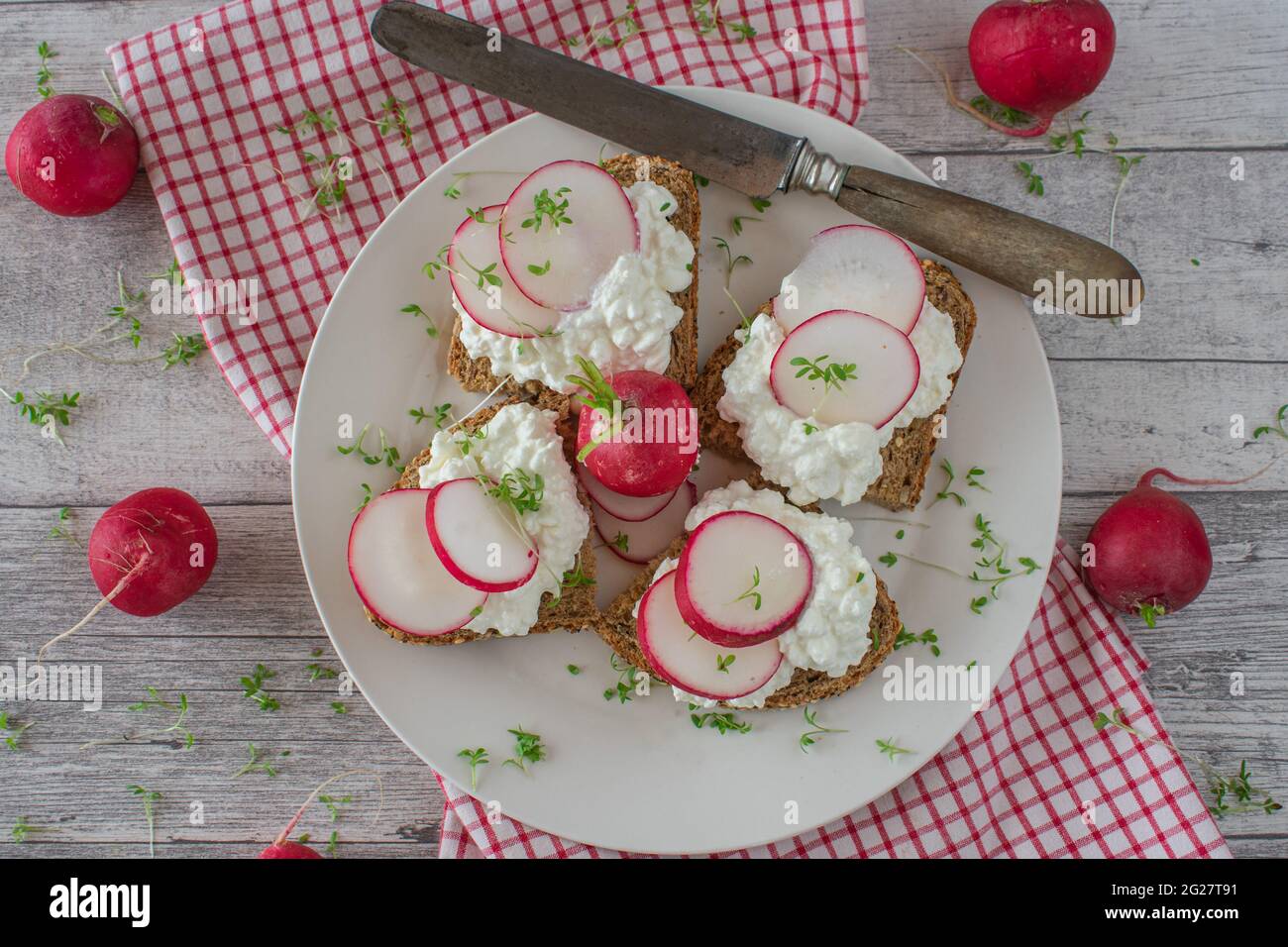 Healthy whole grain sandwiches with low fat cottage cheese, red radish and cress served on a plate on rustic and wooden table background Stock Photo
